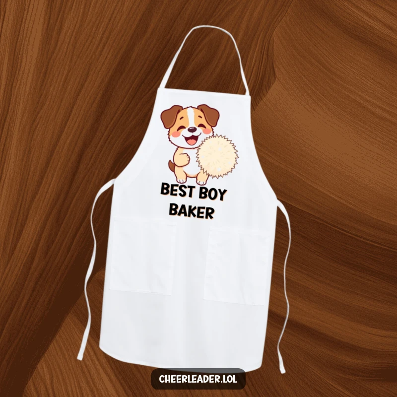 Funny Dog Pom-Pom Apron showing a happy dog barking with a giant pom-pom, a fun and practical kitchen item for dog lovers.