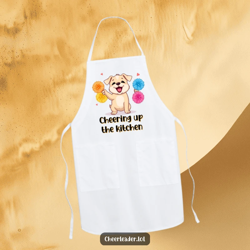 Funny apron with a cute puppy shaking pom-poms, barking encouragement, adding a playful and cheerful touch to cooking activities.