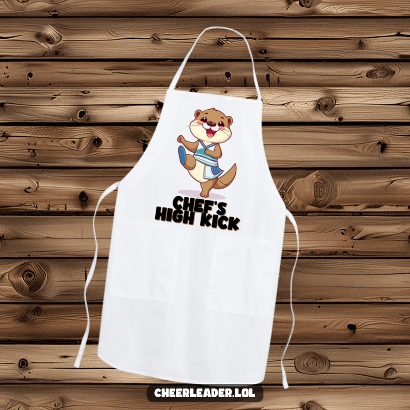 Funny Apron showing a grinning otter in a cheerleader outfit doing a high kick, designed for kitchen fun.