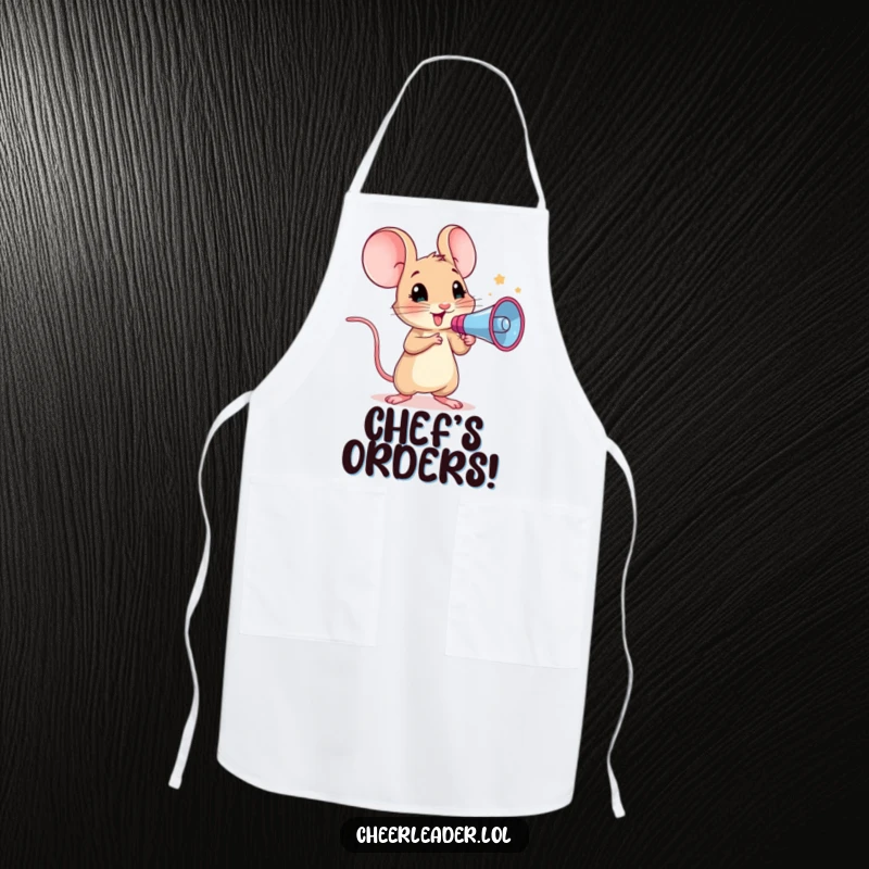 Funny apron showing a curious mouse holding a megaphone, leading a cheer with spirited gusto.