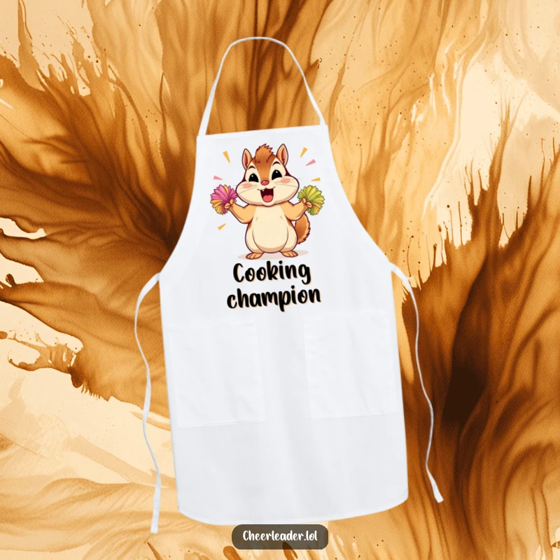 Funny chipmunk apron, for cooking enthusiasts, featuring a determined chipmunk shaking energetic pom-poms.