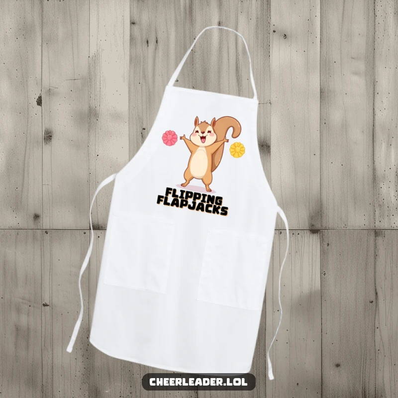 Funny apron featuring a happy squirrel doing a cartwheel with pom-poms outstretched, perfect for cooking.