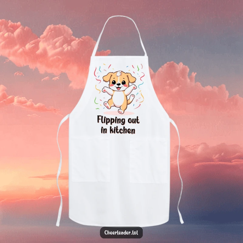 Funny Apron featuring a puppy in mid-cartwheel with streamers, designed for kitchen fun and laughter.