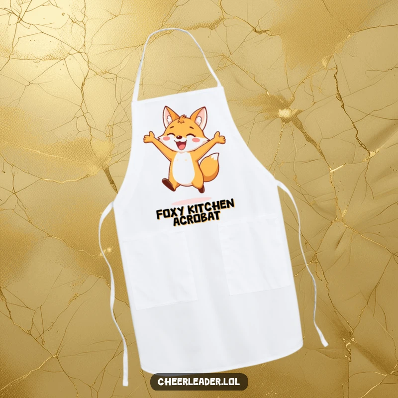 Funny apron showcasing a happy fox leaping with arms wide, perfect for adding a touch of playful joy to cooking and kitchen activities.