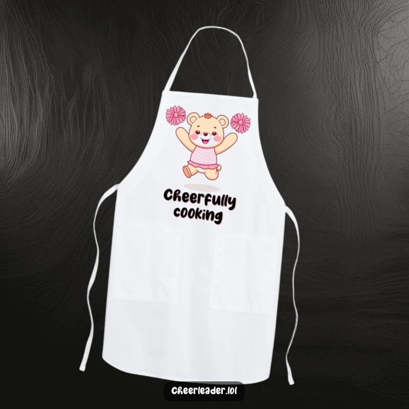 Funny bear cheerleader apron showing a happy bear in a sparkly uniform jumping with pom-poms, ideal for cooking.