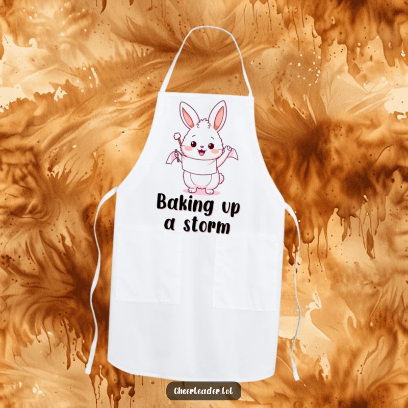 Funny apron featuring a fluffy bunny enthusiastically waving a banner, perfect for keeping clothes clean while cooking with cheerful energy.
