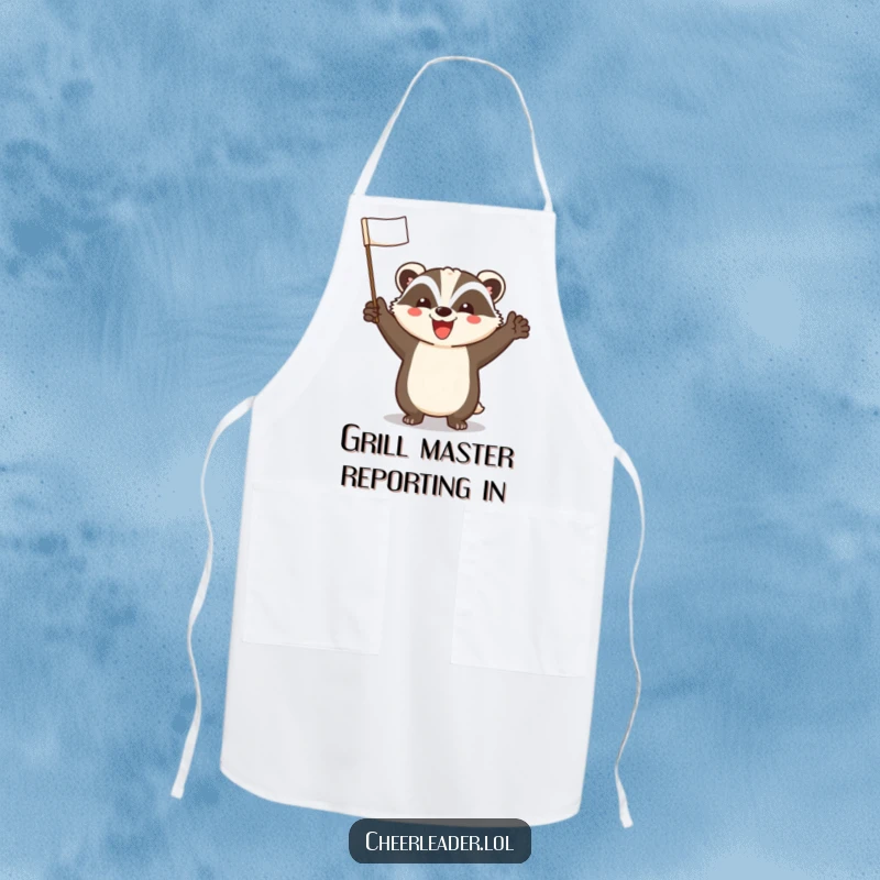 Funny Badger Apron: A functional apron with a cheerful badger leading a loud cheer, bringing energetic fun to cooking.