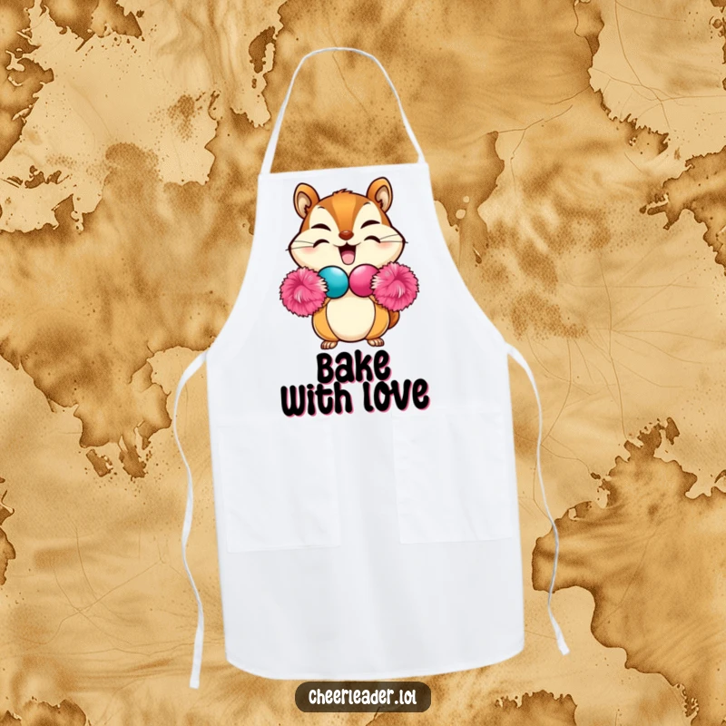 Funny Chipmunk Apron showcasing a beaming chipmunk forming a heart shape with two pom-poms, a cute and humorous kitchen essential.