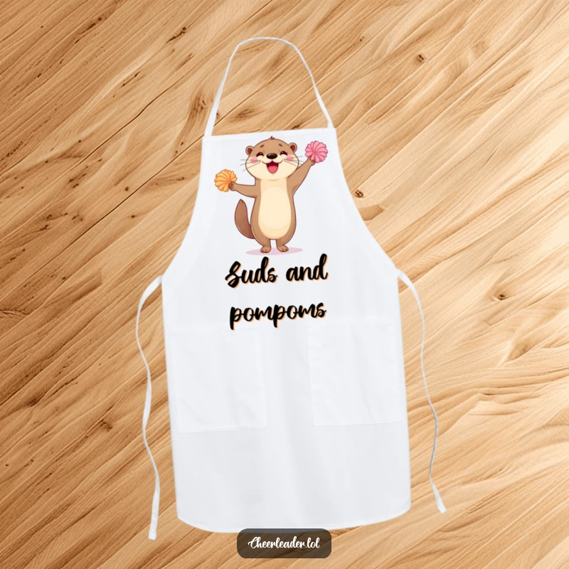 Funny apron with a happy otter standing on one leg, waving colorful pom-poms, perfect for adding humor to kitchen activities.