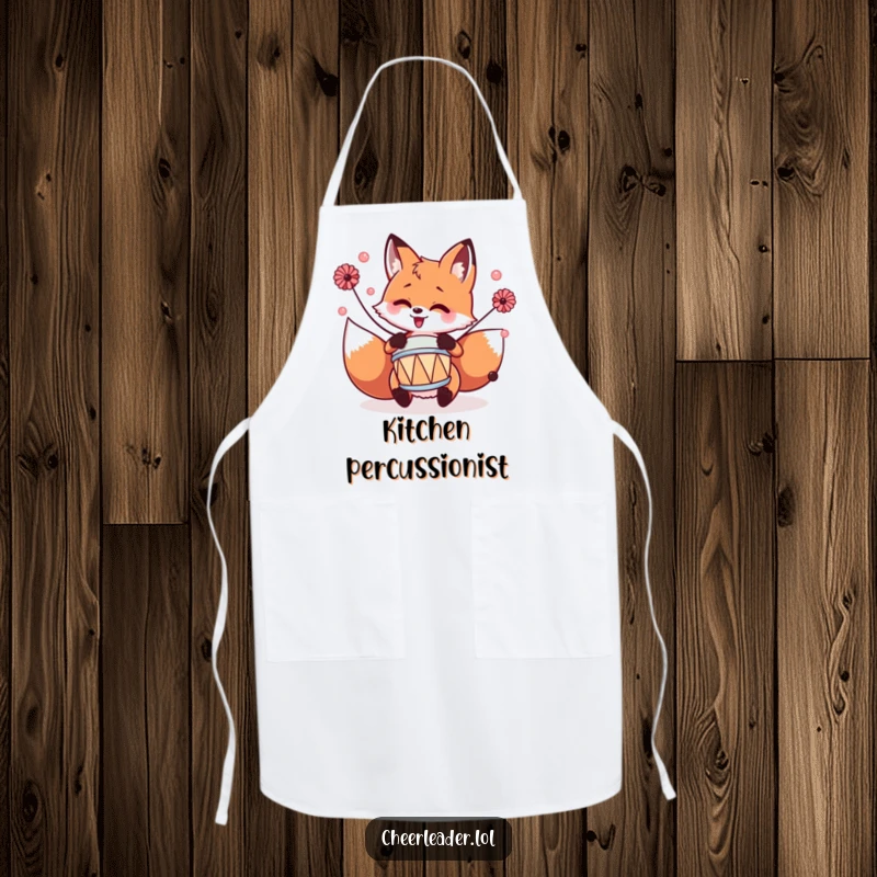 Funny fox playing a tiny drum with pom-poms, looking energetic and musical, on a fun kitchen apron.