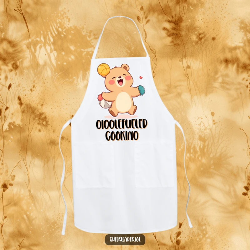 Funny apron with a giggling bear catching a ball using its pom-poms, perfect for the kitchen and adding humor to cooking.
