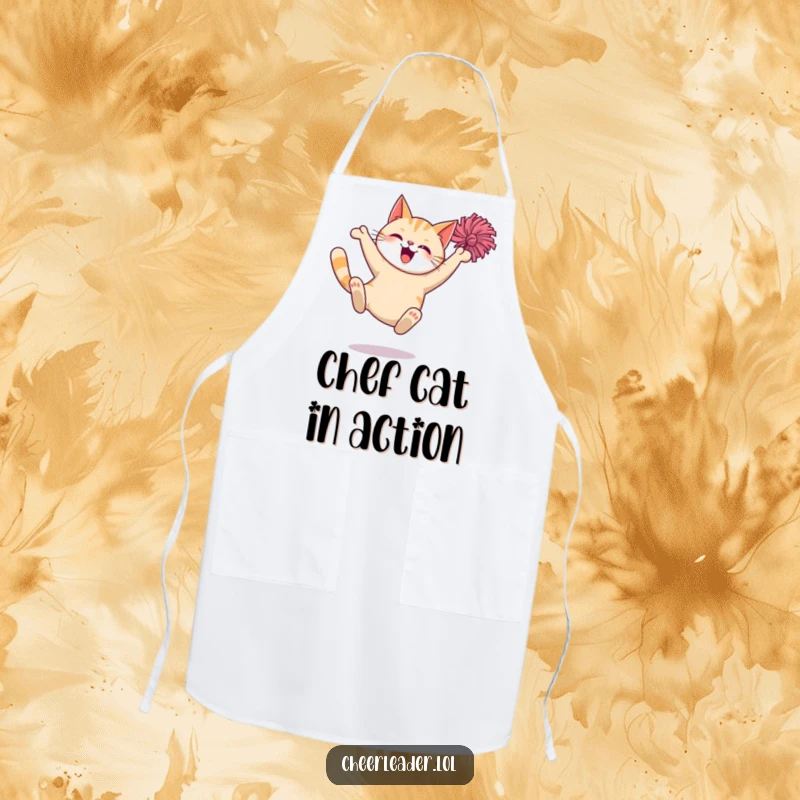 Funny Cat Apron: A chef-inspired apron with a giggling cat mid-pom-pom leap, ready for culinary fun.