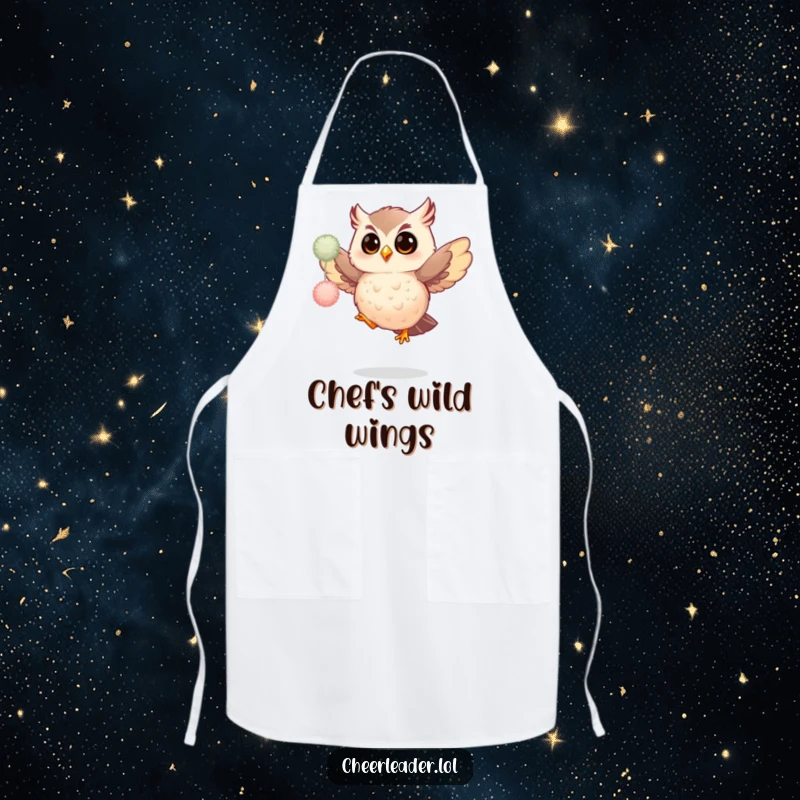 Funny apron design: a cheerful owl mid-air, shaking fluffy pom-poms, ready to add a dose of humor to meal prep.