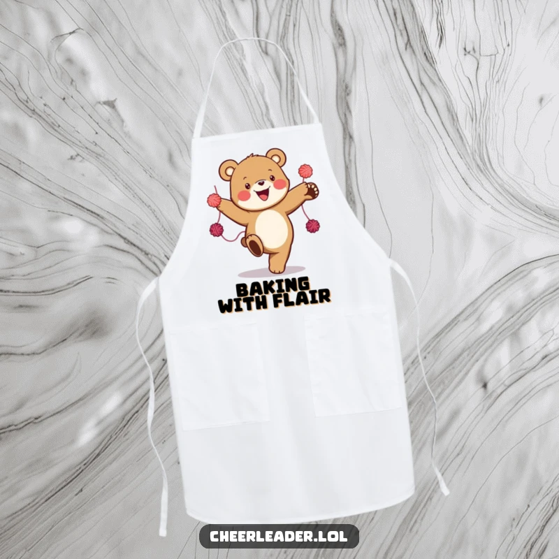 Funny apron depicting a happy bear executing a high kick with yarn pom-poms, bringing a lively and humorous spirit to the kitchen.