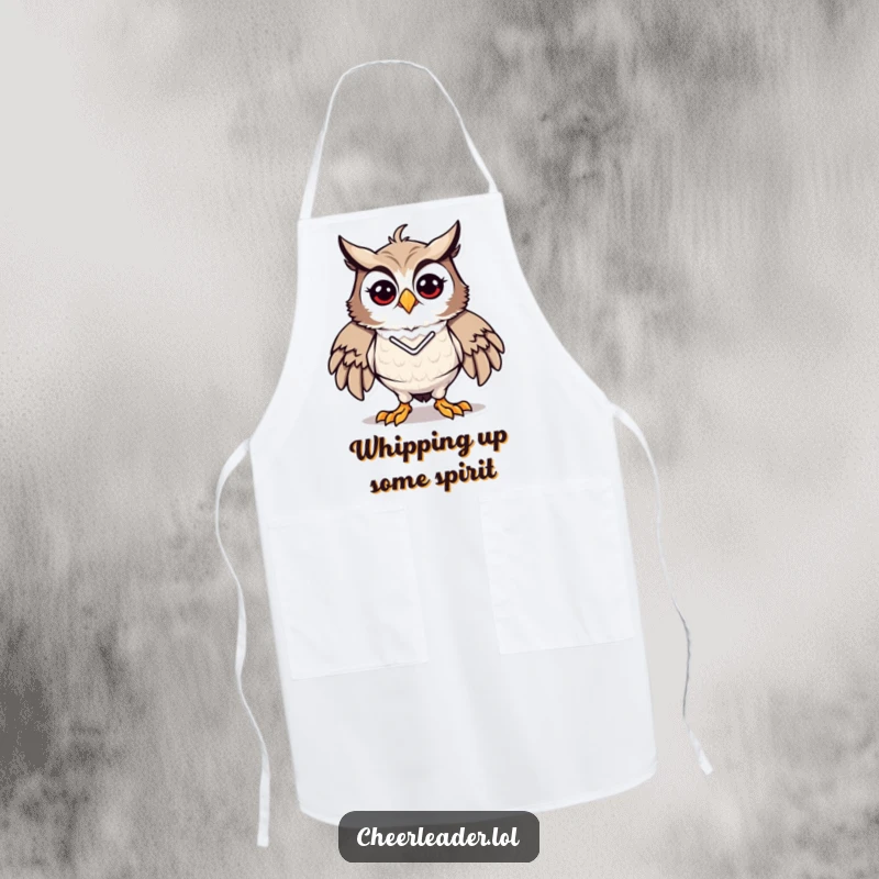 Funny apron showcasing a proud and energetic owl in a cheerleader pose, perfect for kitchen fun, a great funny gift.