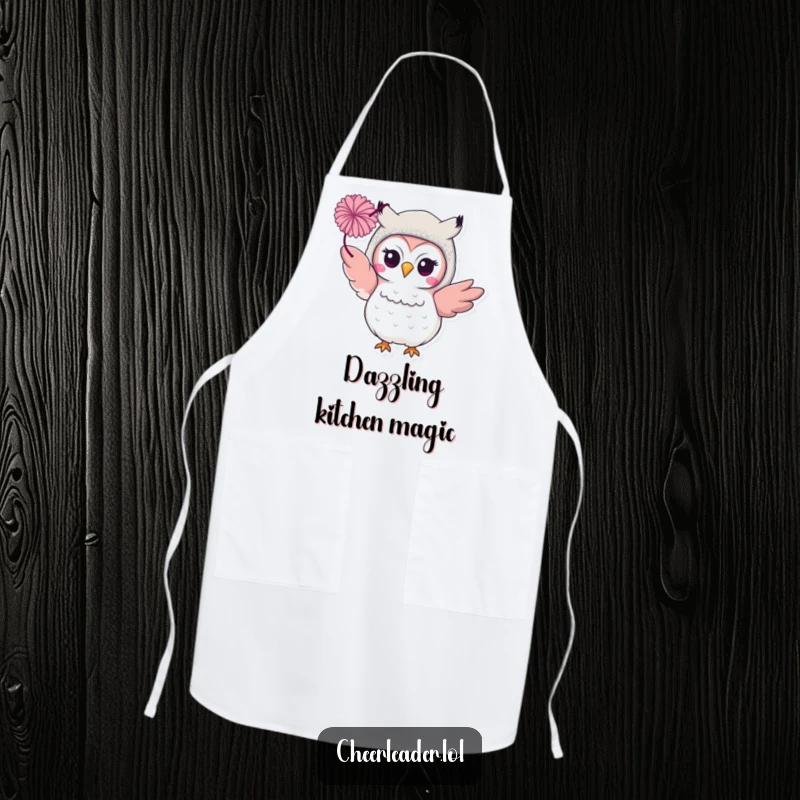 Funny smiling owl in a glittery costume, throwing a pom-pom on a chef's apron. Glamorous and functional.