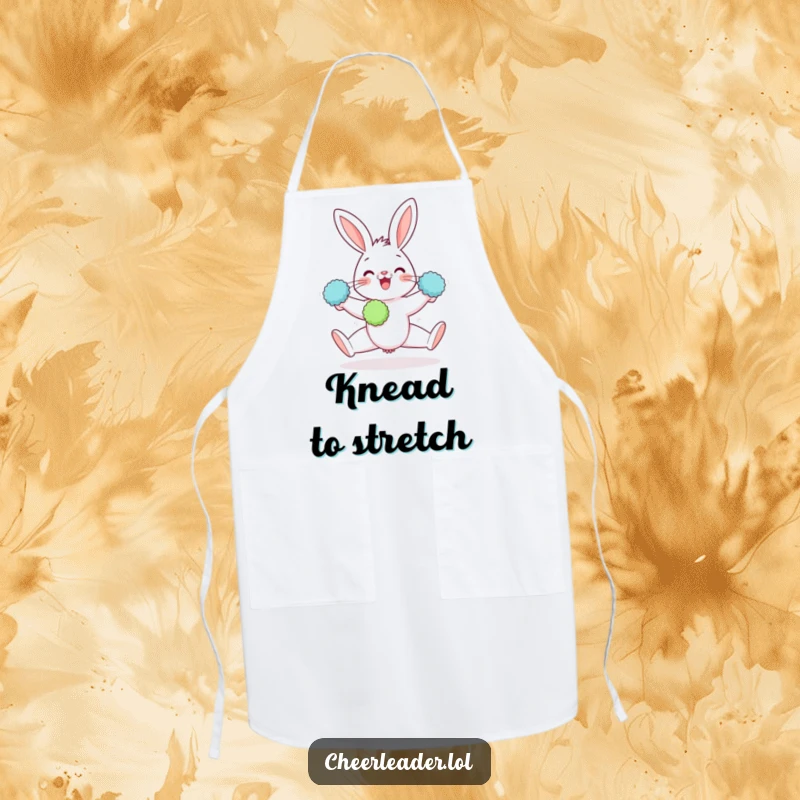 Funny apron with a gleeful rabbit doing a split with pom-poms, ideal for adding flexible fun to cooking.