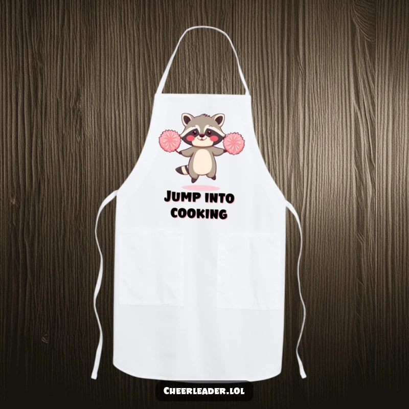 Funny apron featuring a blushing raccoon jumping rope with two oversized pom-poms.