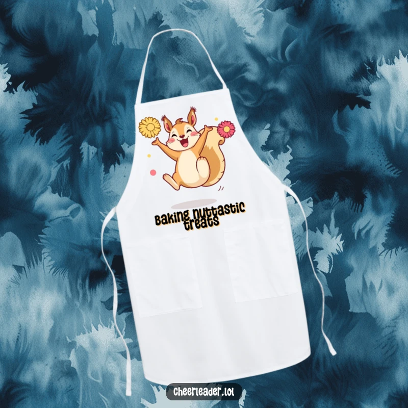 Funny Squirrel Kick Apron: A joyful squirrel doing a high kick with pom-poms, bringing energetic and funny vibes to cooking.