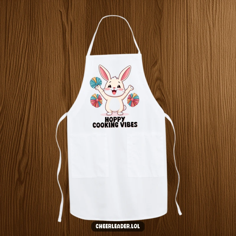 Funny happy rabbit cheering with pom-poms, wearing a kitchen apron, cooking humor.