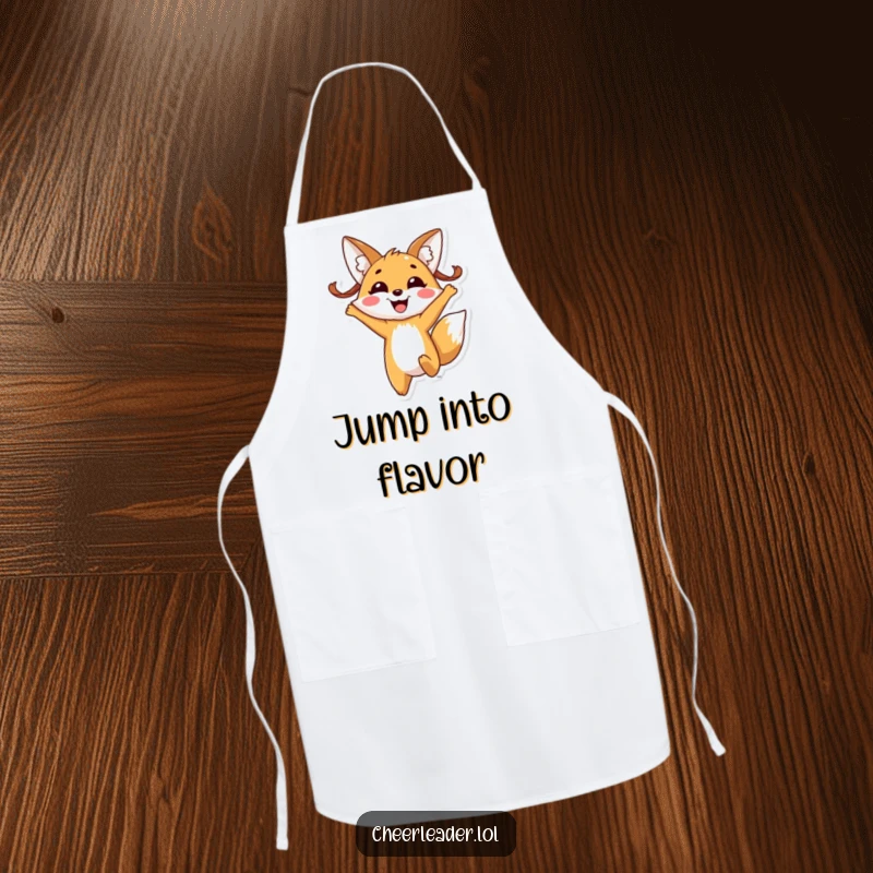 Funny fox pigtails apron, featuring a cheerful fox with pigtails enthusiastically jumping with a wide, happy smile.