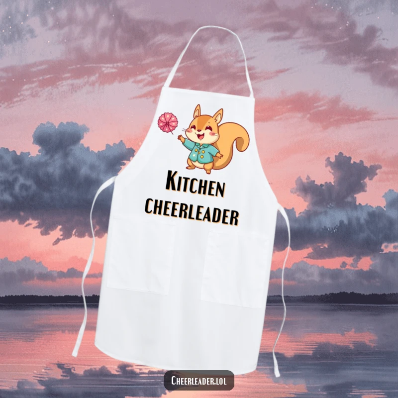 Funny squirrel cheerleader apron, featuring a squirrel in a sparkly uniform tossing a pom-pom with great energy.