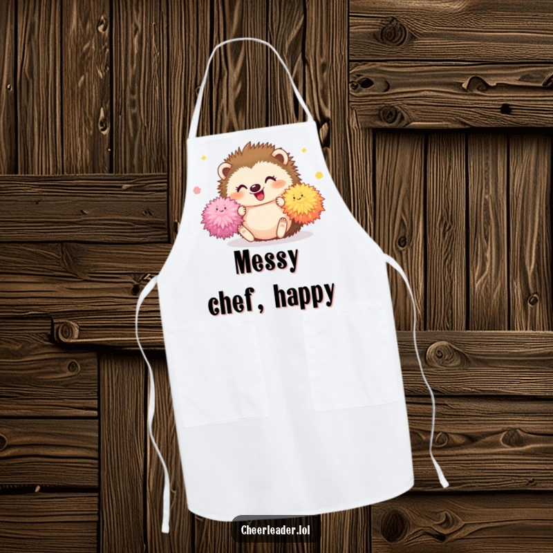 Funny Hedgehog Apron depicting a happy hedgehog tumbling with fluffy pom-poms, a cute and humorous kitchen essential.