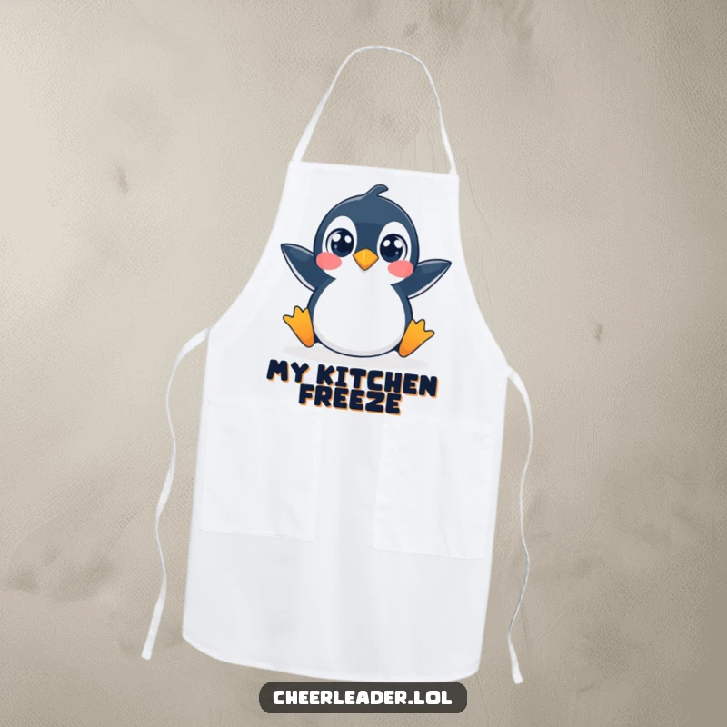 Funny apron showing a penguin in a playful, wide-eyed split, ready for kitchen antics.