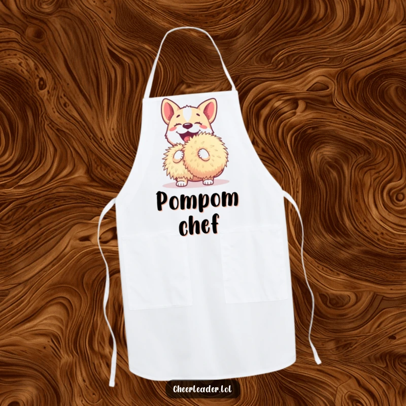 Funny dog apron depicting a joyful dog barking excitedly while holding a giant pom-pom, adding humor to the kitchen.