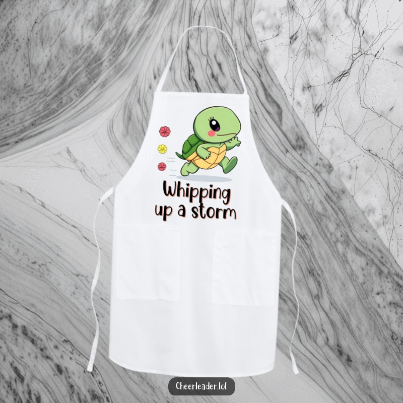 Funny apron showcasing a surprisingly fast turtle with pom-poms trailing, perfect for kitchen fun, a great funny gift.