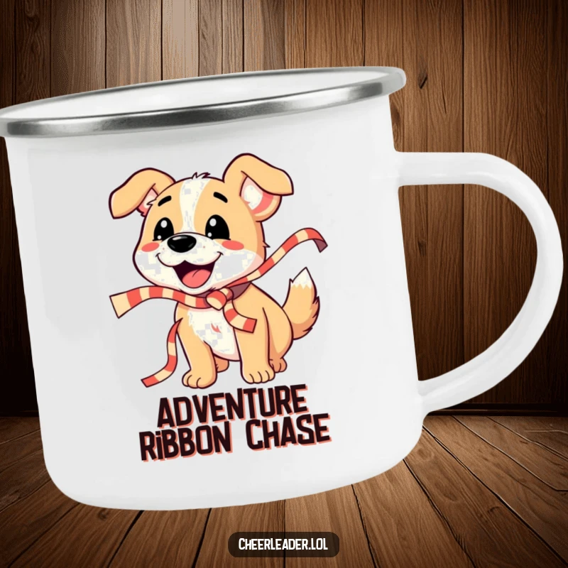 Funny Dog Camping Mug: A happy dog shakes a striped ribbon with barks, perfect for enjoying the outdoors with a festive spirit.