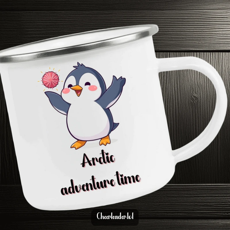Funny camping mug featuring a penguin in a dynamic pose, tossing a sparkly pom-pom, perfect for outdoor enthusiasts who enjoy a dazzling design.