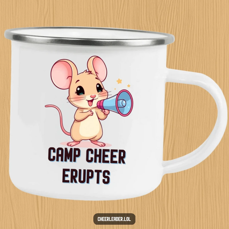 Funny camping mug showing a curious mouse holding a megaphone, leading a cheer with determined spirit.