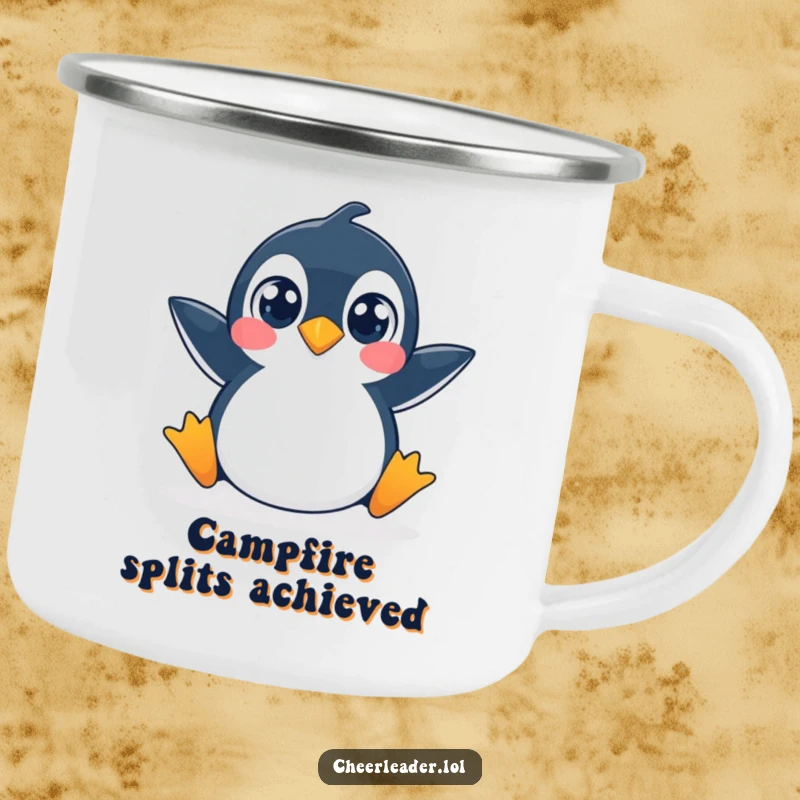 Funny camping mug showing a penguin performing a daring split, eyes wide with playful excitement.