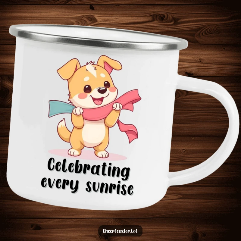 Funny camping mug featuring a dog character joyfully shaking a large ribbon, perfect for outdoor fun, a great funny gift.