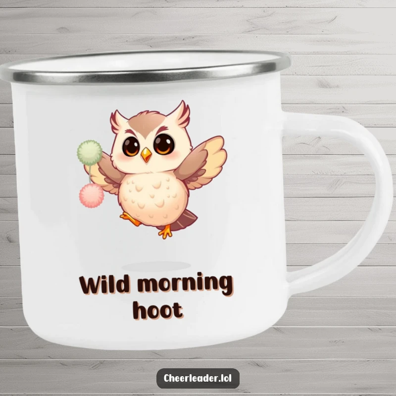 Funny camping mug print of a giggling owl enthusiastically doing a pom-pom jump, ready for fun and adventure outdoors.