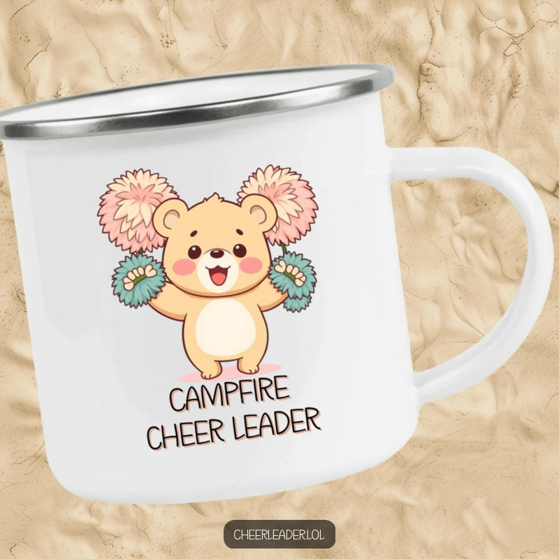 Funny camping mug with a happy bear cub enthusiastically waving large, fluffy pom-poms, built for adventures and spirited moments.