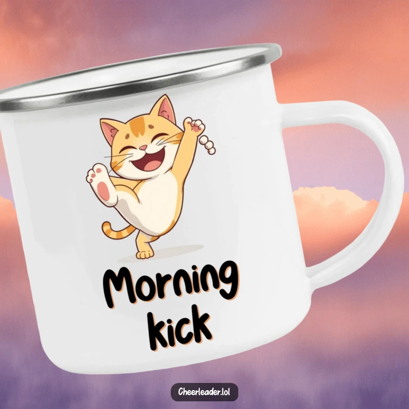 Funny determined cat doing a high kick with a grin, a humorous camping mug for outdoor activities. Ideal gift.