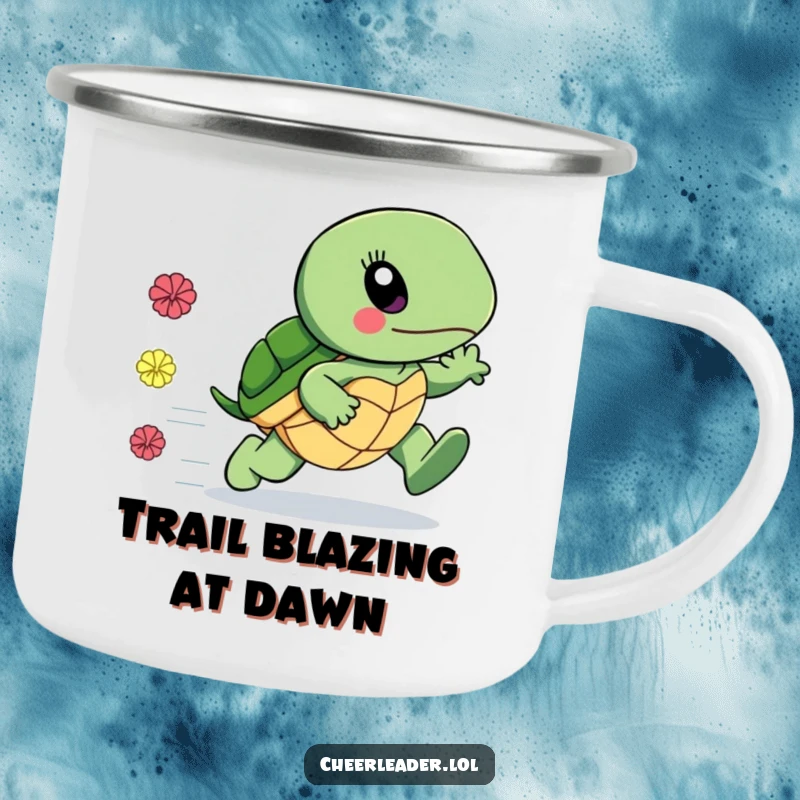 Funny camping mug featuring a surprisingly fast turtle with pom-poms trailing, perfect for outdoor fun, a great funny gift.