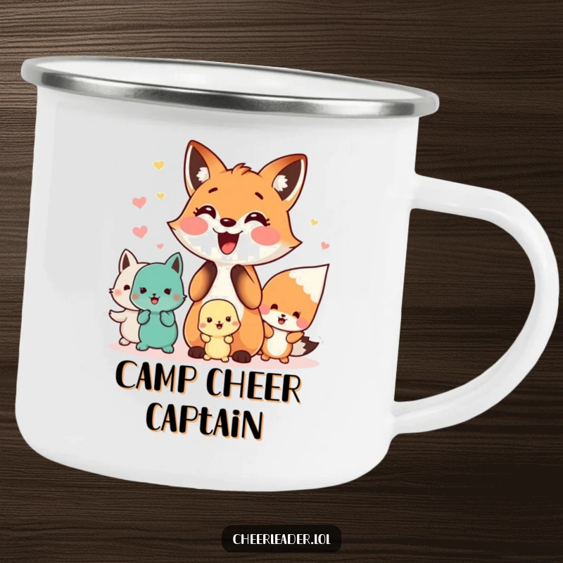 Funny camping mug with a happy fox leading a cheer squad, for adventurous teams who love a laugh.