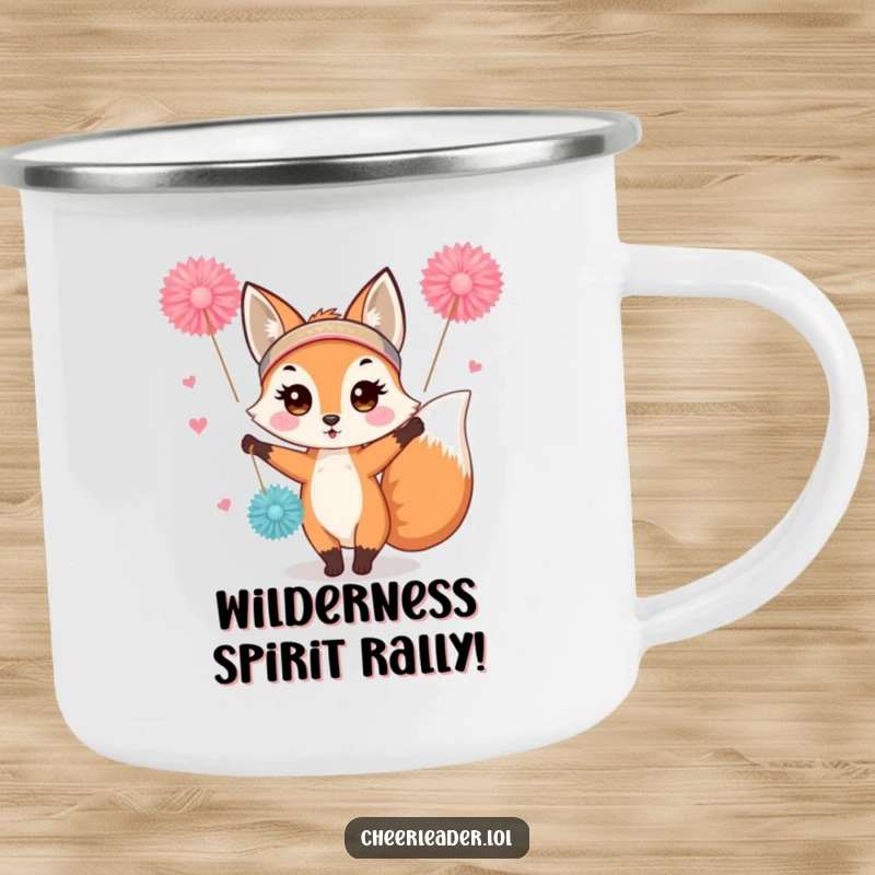 Funny fox cheerleader camping mug, wearing a headband, waving pom-poms. Durable and cute for outdoor adventures.