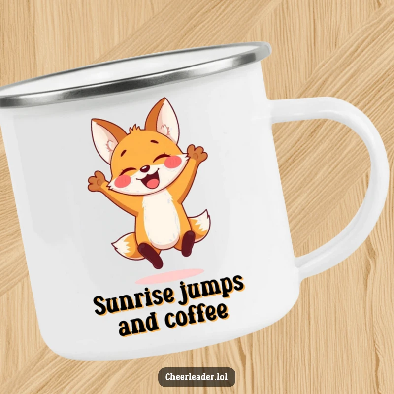 Funny camping mug showing a cheerful fox cub in a spirited jump with arms raised, designed for durability and joyful outdoor experiences.