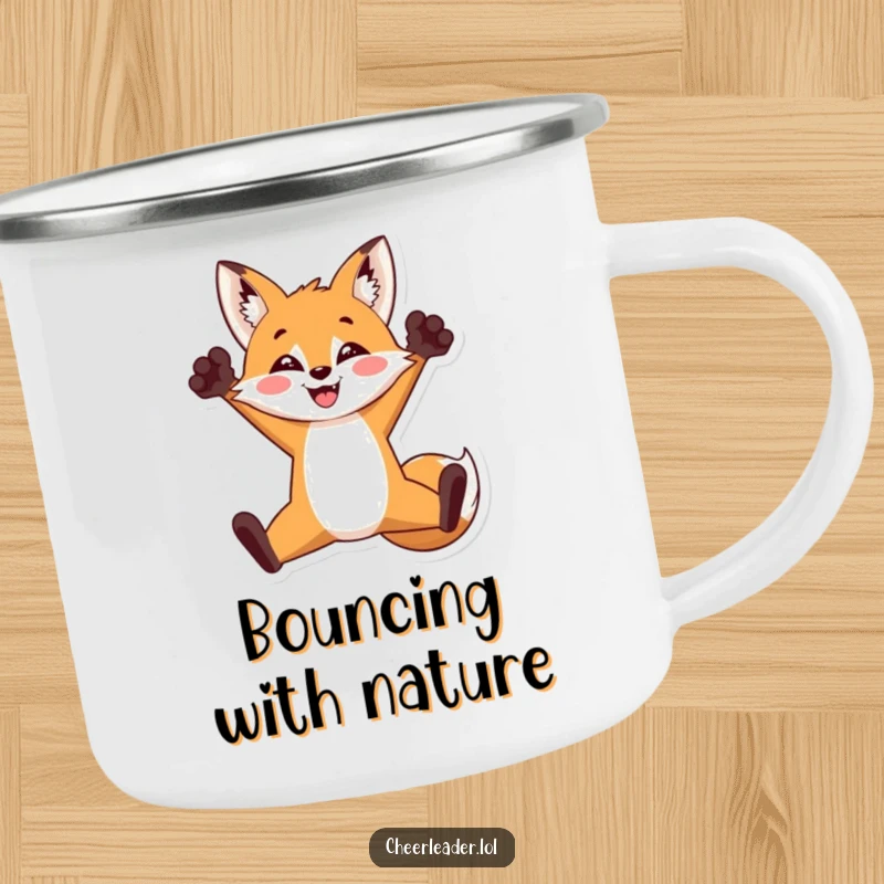 Funny camping mug showing a triumphant fox mid-split jump with paws raised, perfect for outdoor fun, a great funny gift.