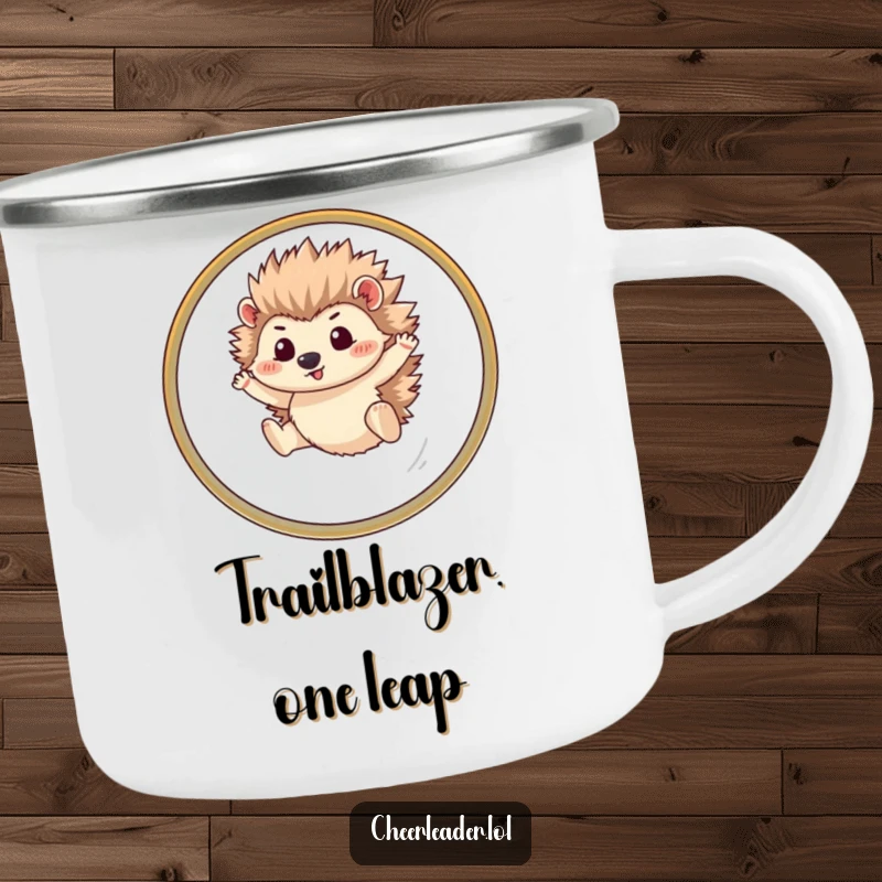 Funny hedgehog camping mug showing a determined pet leaping through a hoop, perfect for outdoor use with a humorous, adventurous spirit.
