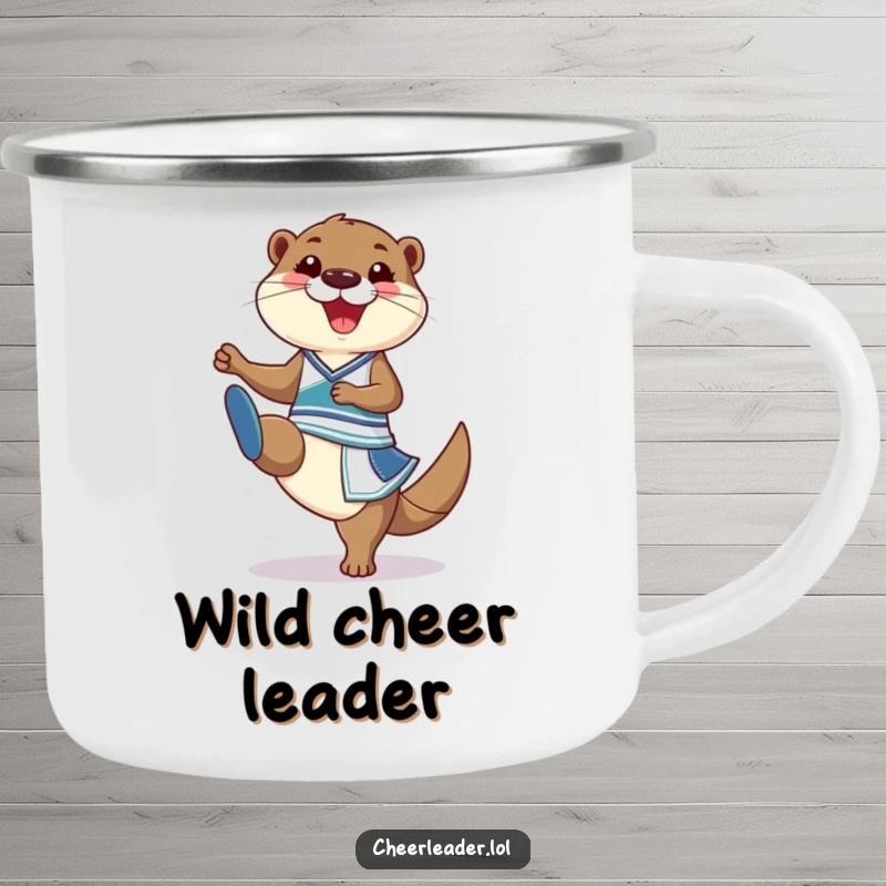Funny Camping Mug featuring a grinning otter in a cheerleader outfit doing a high kick, ready for adventure.