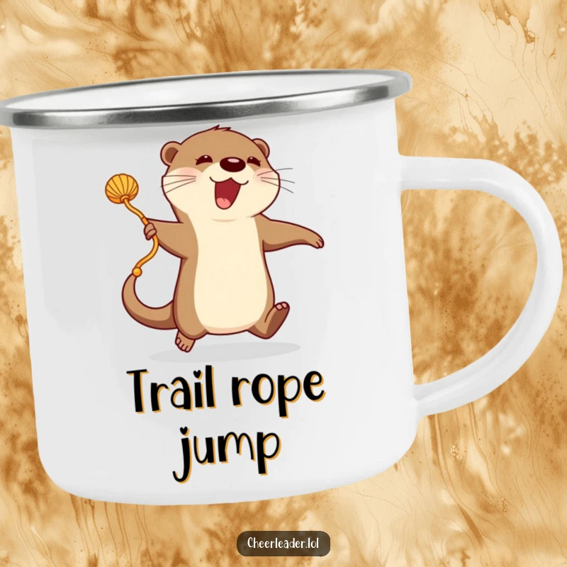 Funny Camping Mug: An enthusiastic otter jumps rope with a pom-pom, an energetic companion for outdoor activities.