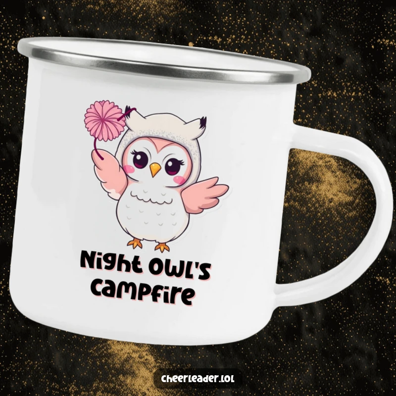 Funny smiling owl in a glittery costume, throwing a pom-pom on a durable camping mug. Glamorous and ready for outdoors.