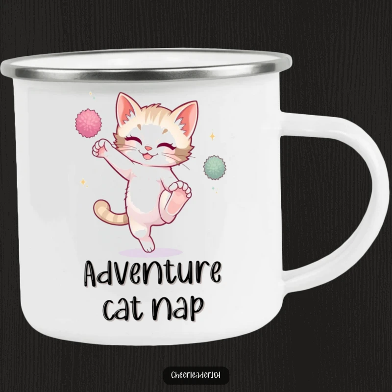 Funny playful kitten mid-high kick with sparkling pom-poms, holding a camping mug, outdoor humor.