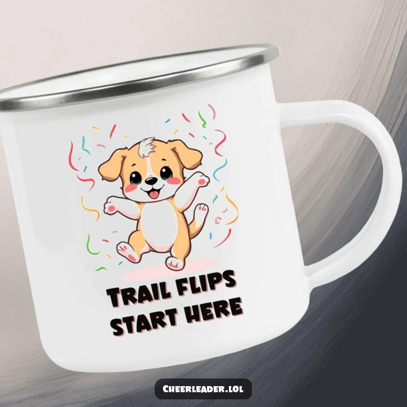 Funny Camping Mug featuring a puppy doing a cartwheel amidst streamers, ready for outdoor fun and laughter.