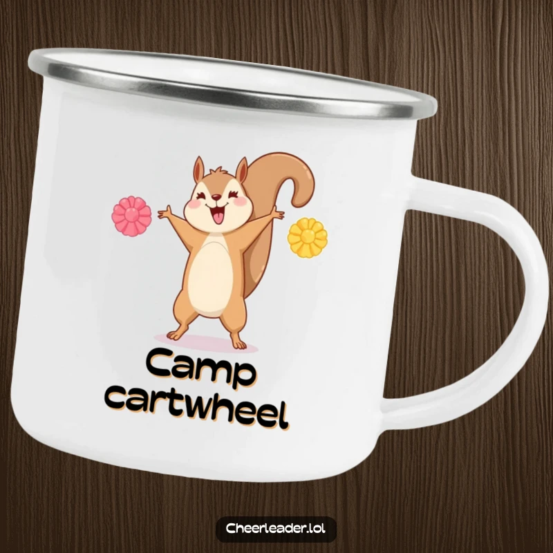 Funny camping mug of a happy squirrel doing a cartwheel with pom-poms outstretched, perfect for outdoors.